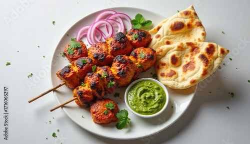 Delicious Chicken Tikka Kebabs Served with Naan and Dips