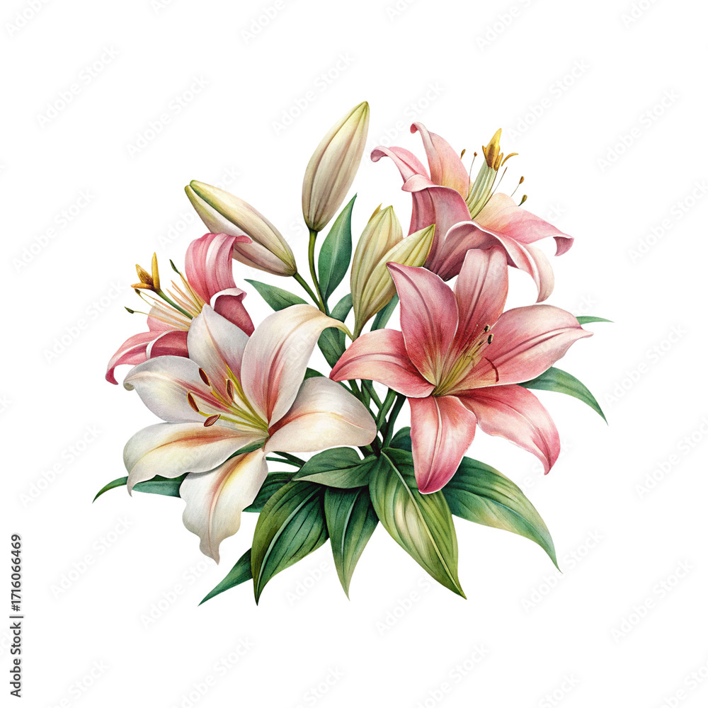 Naklejka premium Elegant Bouquet of Pink and White Lilies with Lush Green Leaves Artwork