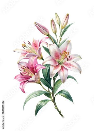 Elegant Watercolor Painting of Pink Lilies with Buds and Green Leaves