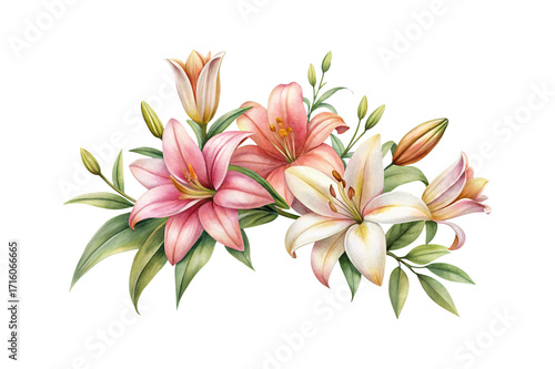 Watercolor Painting of Pink and White Lilies on a White Background