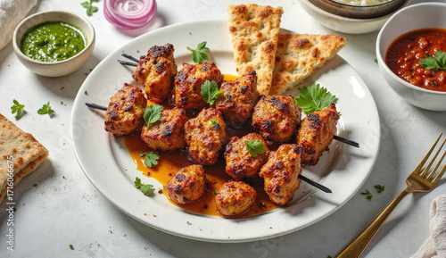 Delicious Chicken Tikka Kebabs Served with Naan and Dips