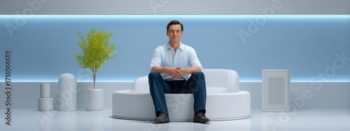Modern man sitting on futuristic couch in minimalist interior space