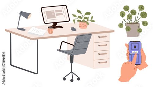 Organized desk setup with monitor, lamp, chair, plants, and papers. Hands using phone for security lock. Ideal for technology, productivity, remote work workspace security organization focus