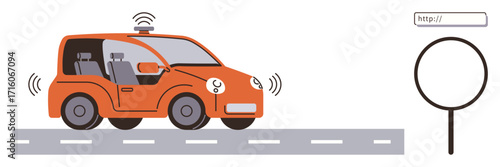 Orange autonomous car with radar waves on the road, magnifying glass symbol for exploration, web search bar. Ideal for AI, innovation, technology, transportation, research, automation connectivity