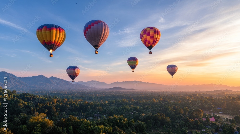 Naklejka premium Colorful hot air balloons soar over misty mountain landscape at sunrise