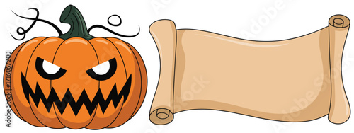 A scary Halloween banner with a large, grinning Jack-o'-lantern and a blank paper scroll, perfect for a spooky seasonal message or advertisement design.A scar