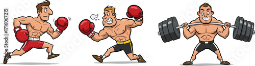 Cartoon strong athletes, boxing fighters in ring, muscular man weightlifting heavy barbell, fitness training, bodybuilding workout, sports competition vector illustration