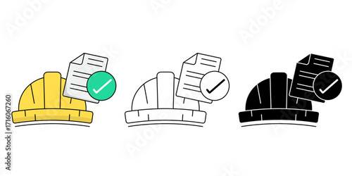 Safety equipment icon set – construction helmet with checklist document and approval mark vector illustration.