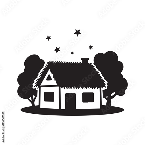 A vector silhouette of a thatched-roof house with a white background.
