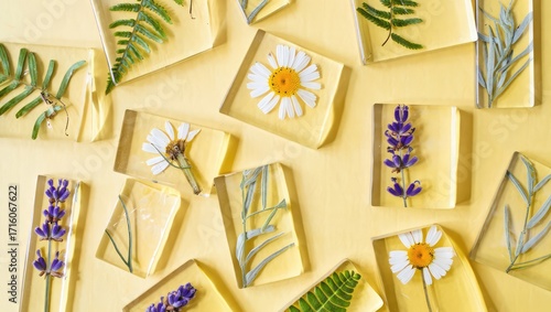 Wallpaper Mural Flat lay of handmade soap bars decorated with flowers and herbs on pastel surface, a natural and artistic composition. Generative AI. Torontodigital.ca