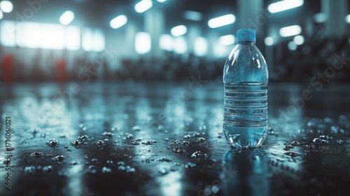 Water bottle on a dark gym floor