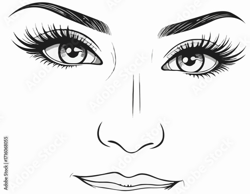 Black and white illustration of a woman's eyes winking and open with long eyelashes and defined eyebrows