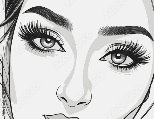 Black and white illustration of a woman's eyes winking and open with long eyelashes and defined eyebrows