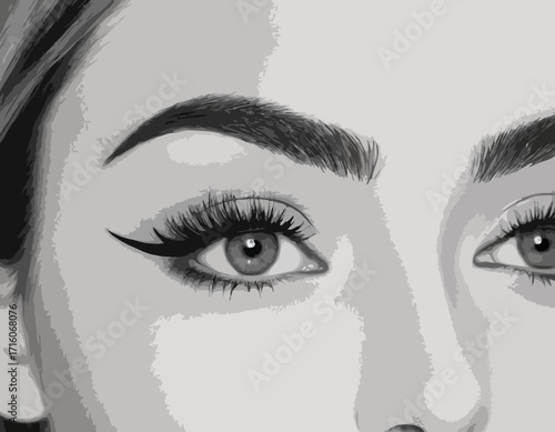 Black and white illustration of a woman's eyes winking and open with long eyelashes and defined eyebrows