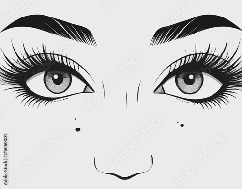 Black and white illustration of a woman's eyes winking and open with long eyelashes and defined eyebrows