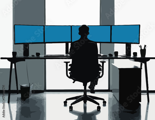 Person working at desk with dual monitors and computer equipment silhouette