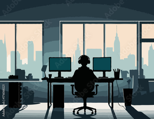 Person working at desk with dual monitors and computer equipment silhouette