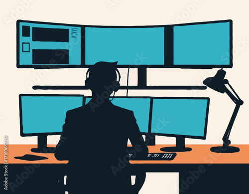 Person working at desk with dual monitors and computer equipment silhouette
