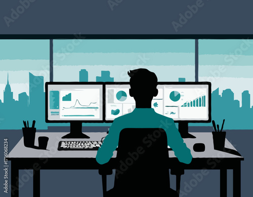 Person working at desk with dual monitors and computer equipment silhouette