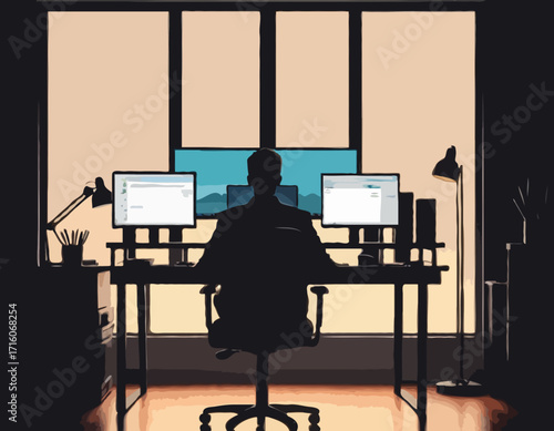Person working at desk with dual monitors and computer equipment silhouette