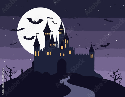 Castle and bats halloween night