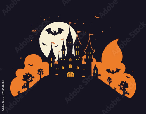 Castle and bats halloween night