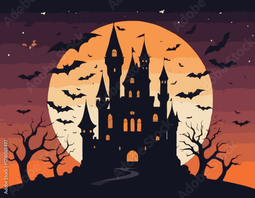 Castle and bats halloween night