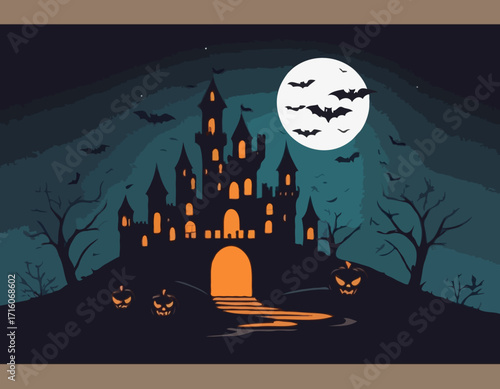 Castle and bats halloween night