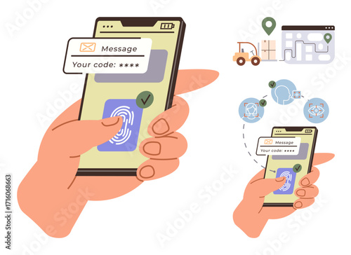 Hand holding smartphone with fingerprint scan, message code prompt, and map showing tracking. Ideal for security, authentication, verification, logistics, technology, app design and user identity