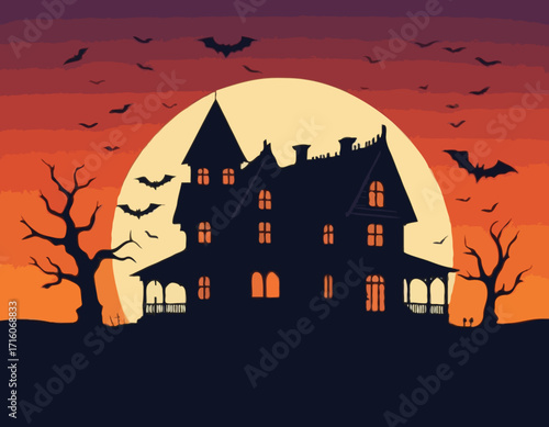 A spooky haunted house silhouette at sunset Vector