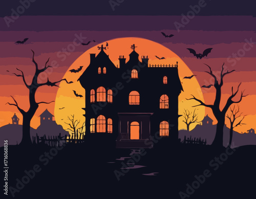 A spooky haunted house silhouette at sunset Vector