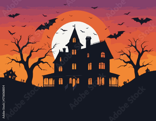 A spooky haunted house silhouette at sunset Vector