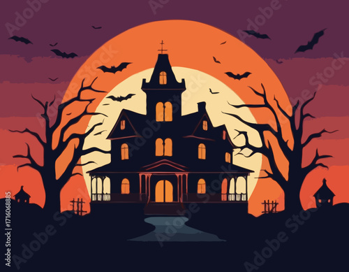 A spooky haunted house silhouette at sunset Vector