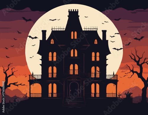 A spooky haunted house silhouette at sunset Vector
