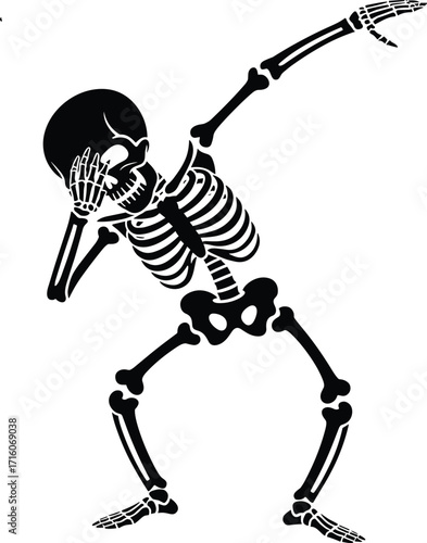 Creepy black silhouette of a skeleton dabbing, a fun and modern twist on the classic Halloween skull, bones, and spooky holiday themes.

C