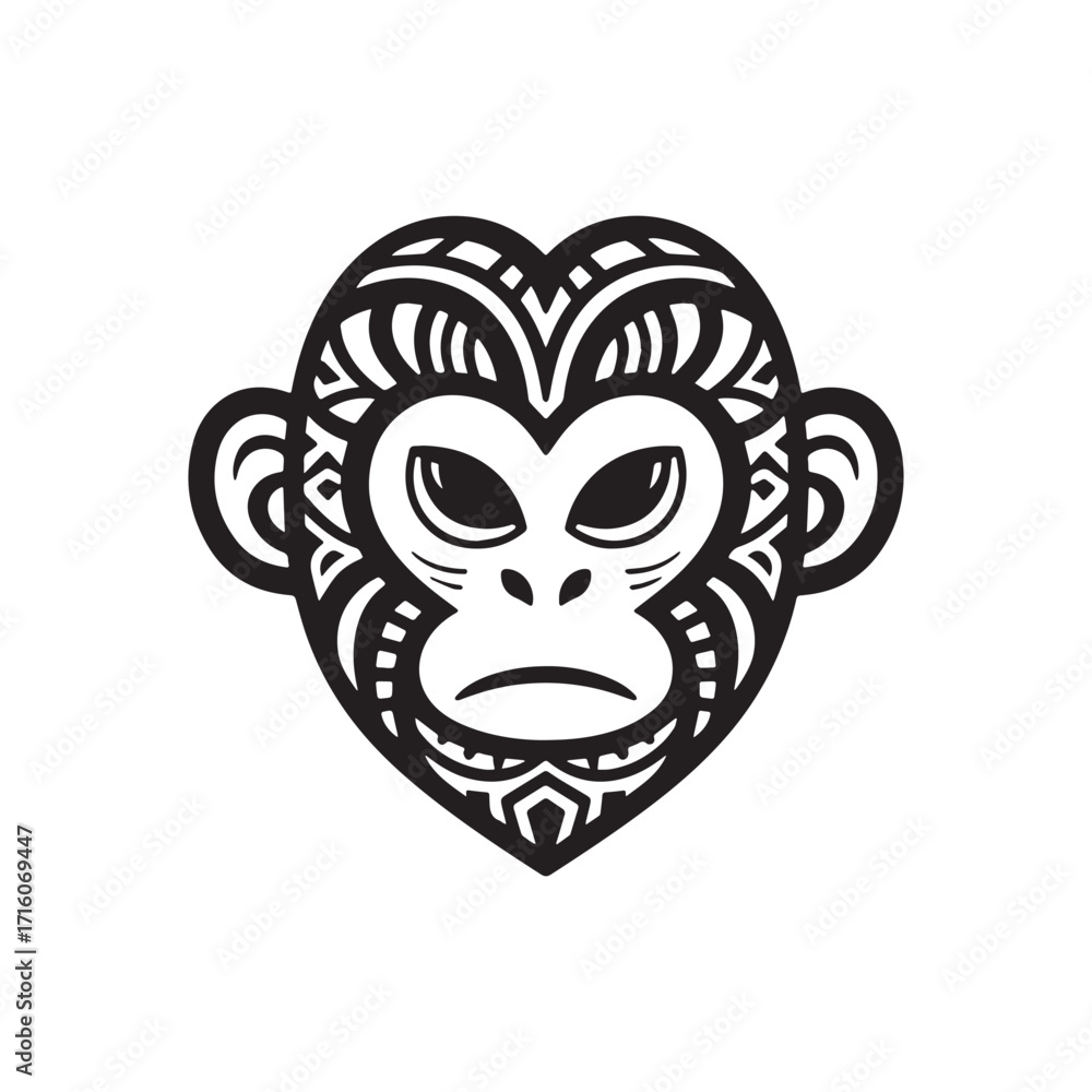 Obraz premium Bold Tribal Monkey Face Logo with Heart-Shaped Symmetry and Intricate Patterns. 