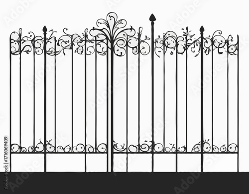 Wrought iron fence black silhouette Iron border isolated on white background