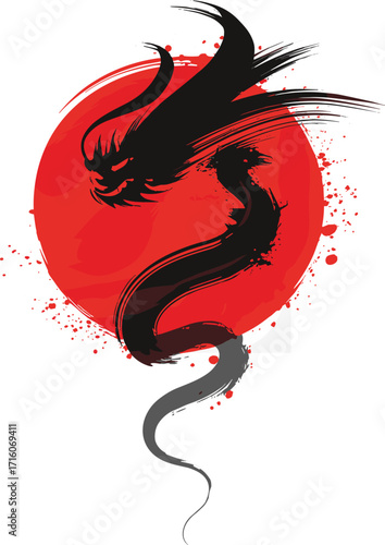
Powerful Japanese ink wash painting of a black dragon on a red sun, a traditional and symbolic illustration showcasing mythological strength and Asian cultural art.
