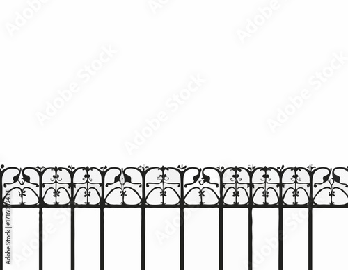Wrought iron fence black silhouette Iron border isolated on white background