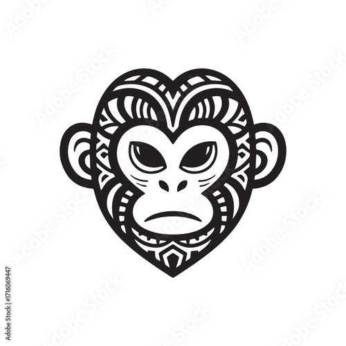 Bold Tribal Monkey Face Logo with Heart-Shaped Symmetry and Intricate Patterns. 
