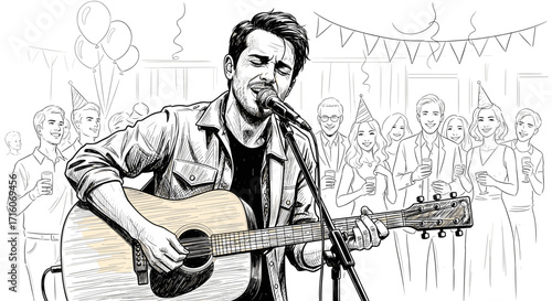 musician singing and playing guitar at festive birthday party  
