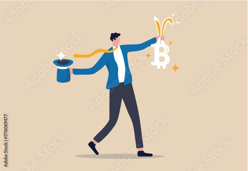 Bitcoin mining, high price bitcoin cryptocurrency concept, businessman successfully pull shiny Bitcoin with rabbit ears from magician hat.