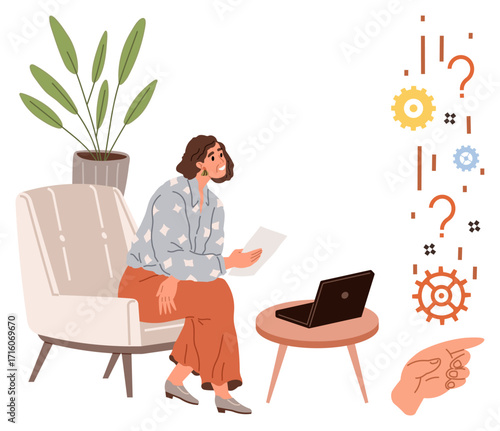 Woman seated in armchair holding papers near laptop, contemplating abstract gears and question marks. Ideal for problem-solving, decision-making, brainstorming, planning, analysis, strategy, simple