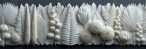 Detailed white floral arrangement with diverse textures and patterns, ideal for decor, design inspiration, or artistic projects. Perfect for elegant and creative themes.