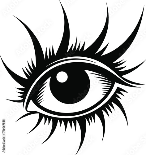 Abstract vector illustration of a stylized eye with dramatic, sharp-pointed lashes and an almond shape, perfect for a tattoo, logo, or mystical design.