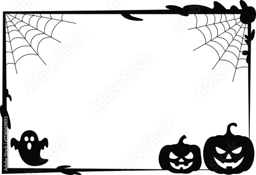 
Creepy Halloween photo frame or border with spooky silhouettes of a ghost, jack-o'-lanterns, and spiderwebs, perfect for adding a scary festive touch.