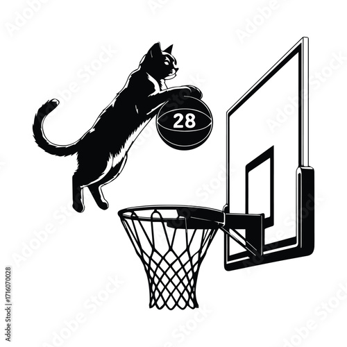 Playful cat silhouette leaping to dunk a basketball on a hoop