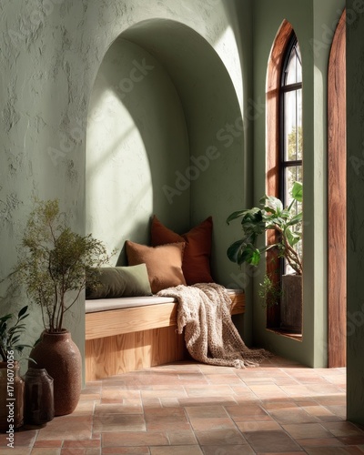 A sun-drenched reading nook with terracotta tile flooring and sage green walls, featuring a cozy wooden bench and warm tones.