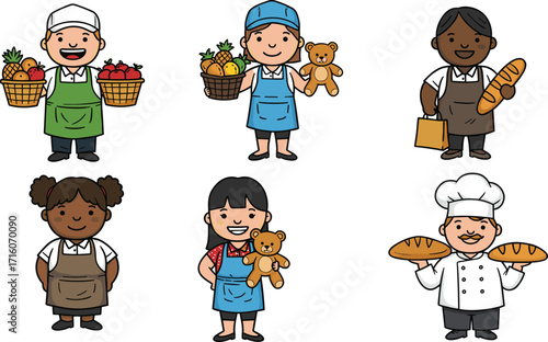 Cartoon workers holding food, happy chef baker, grocery seller with fruits, children shop helpers, smiling people illustration, retail market characters artwork