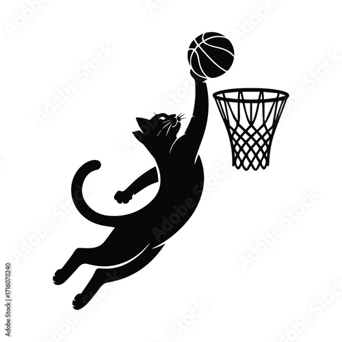 Black cat silhouette leaping to dunk a basketball into a net silhouette